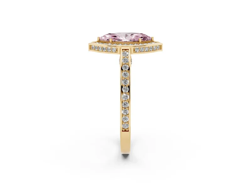 Fancy Pink Marquise Cut Diamond Halo Pavé Split Shank Ring Set in Yellow gold with Prong Setting