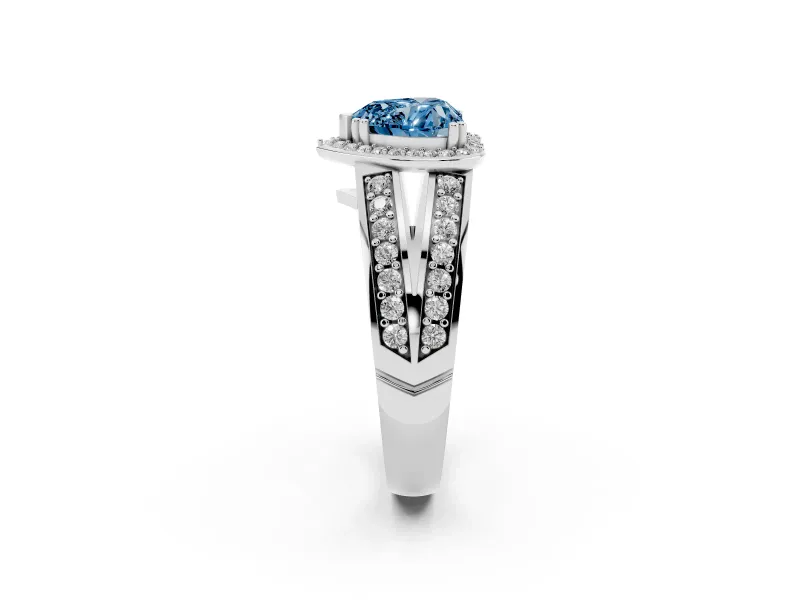 Fancy Blue Heart Cut Diamond Halo Ring Set in Silver with Double Pavé Split Shank