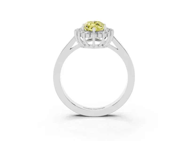 Fancy Yellow Marquise Cut Diamond Halo Ring Set in Platinum with Round Halo and Smooth Solitaire Band