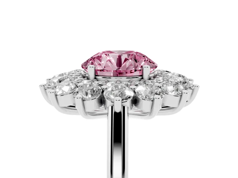 Round Floral Double Halo Engagement Ring Setting for a Fancy Pink Lab-Grown Diamond | Plain Band | White Gold