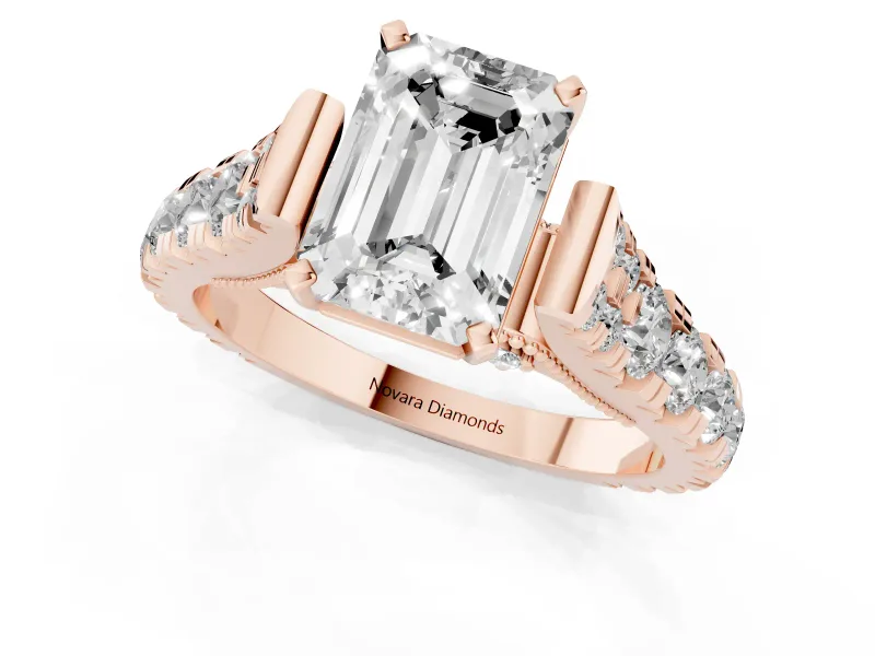 Emerald Cut Diamond Classic Solitaire Ring Set in Rose gold with Pavé Band and Prong Setting