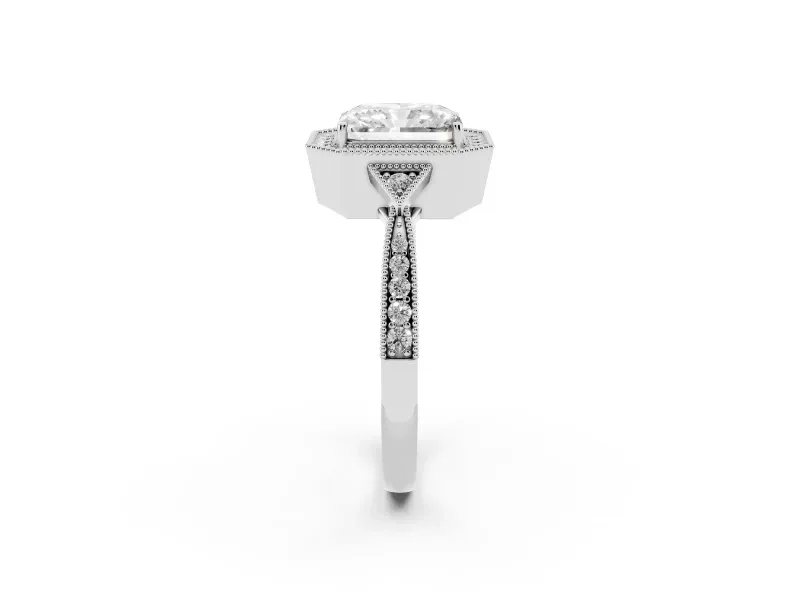 Radiant Cut Vintage Milgrain Halo Engagement Ring Setting | Graduated Pavé Band | Sterling Silver