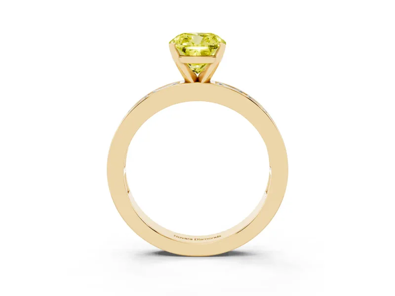 Fancy Yellow Cushion Cut Diamond Solitaire Ring Set in Yellow gold with Channel-Set Baguette Band and Prong Setting