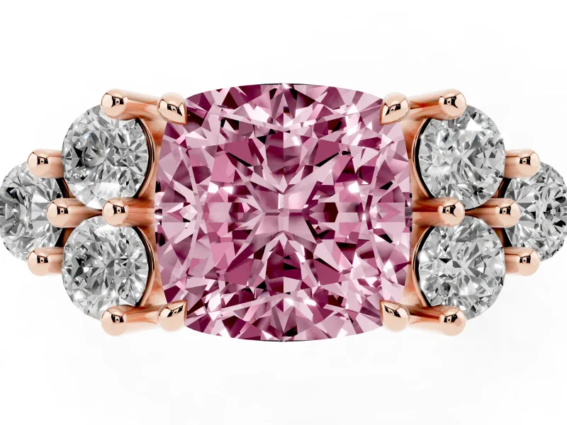 Fancy Pink Cushion Cut Diamond Solitaire Ring Set in Rose gold with Cluster Accents on Each Side