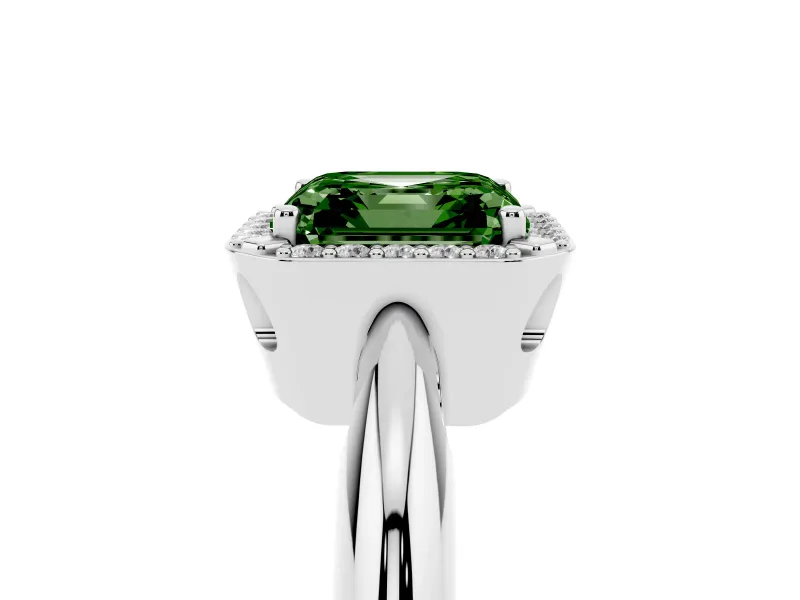Fancy Green Asscher Cut Diamond Halo Engagement Ring Set in White gold with Plain Split Shank and Prong Setting