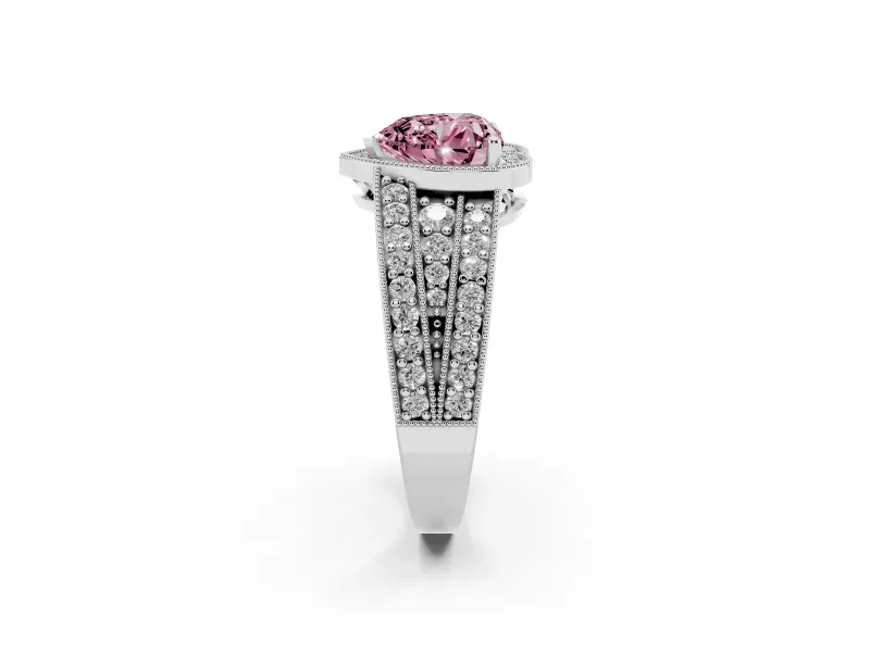 Fancy Pink Heart Cut Diamond Halo Ring Set in White gold with Accent Split Shank and Prong Setting