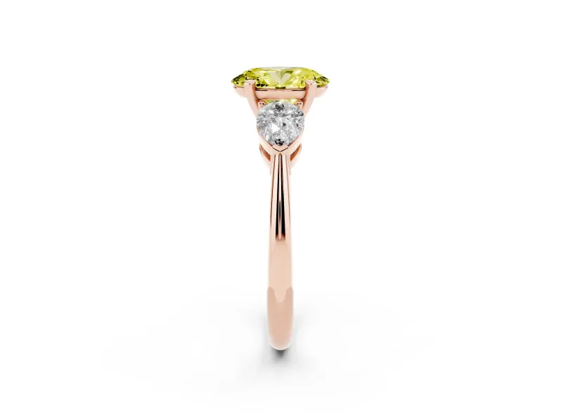 Oval Three-Stone Ring Setting for a Fancy Yellow Lab-Grown Diamond | Pear Side Stones | Rose Gold