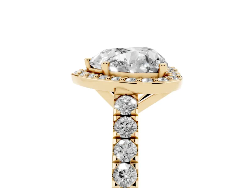 Heart Cut Diamond Halo Engagement Ring Set in Yellow gold with Pavé Band and Prong Setting
