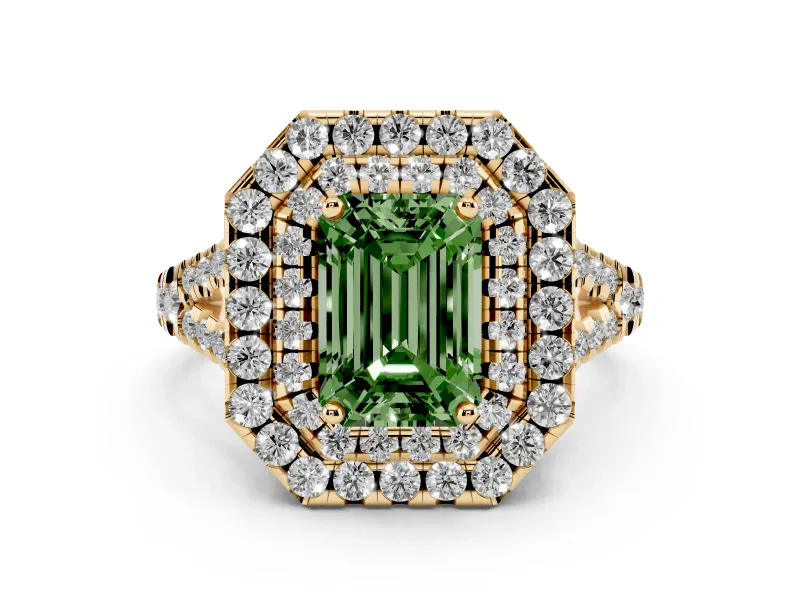 Fancy Green Emerald Cut Diamond Double Halo Ring Set in Yellow gold with Pavé Split Shank and Prong Setting