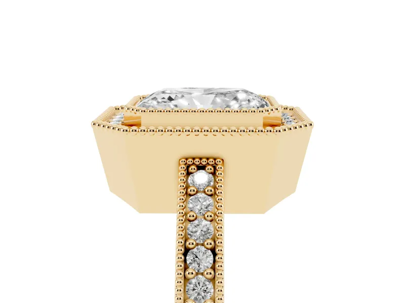 Radiant Cut Diamond Halo Engagement Ring Set in Yellow gold with Pavé Band and Round Halo Stones