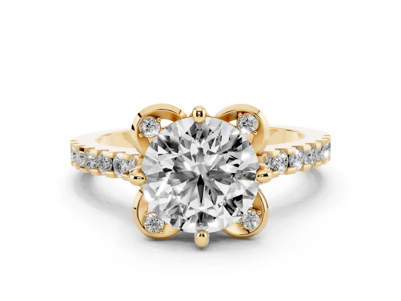 Round Cut Diamond Solitaire Ring Set in Yellow gold with Pavé Band and Floral Prong Setting