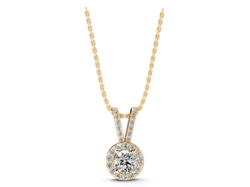 Round Lab-Grown Diamond Halo Pendant Necklace | Pavé Split Bail | Yellow Gold
