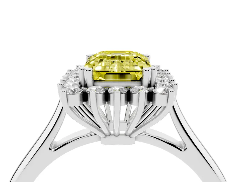 Fancy Yellow Emerald Cut Diamond Halo Ring Set in Silver with Plain Solitaire Band and Prong Setting