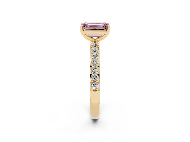 Fancy Pink Emerald Cut Diamond Solitaire Set in Yellow gold with Round Pavé Band and Prong Setting