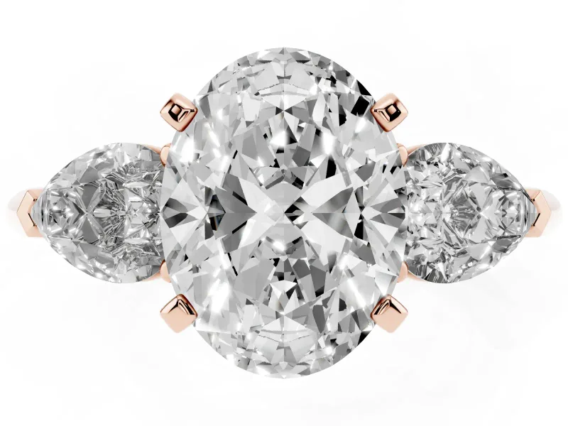 Oval Three-Stone Engagement Ring Setting | Pear Side Stones | Rose Gold