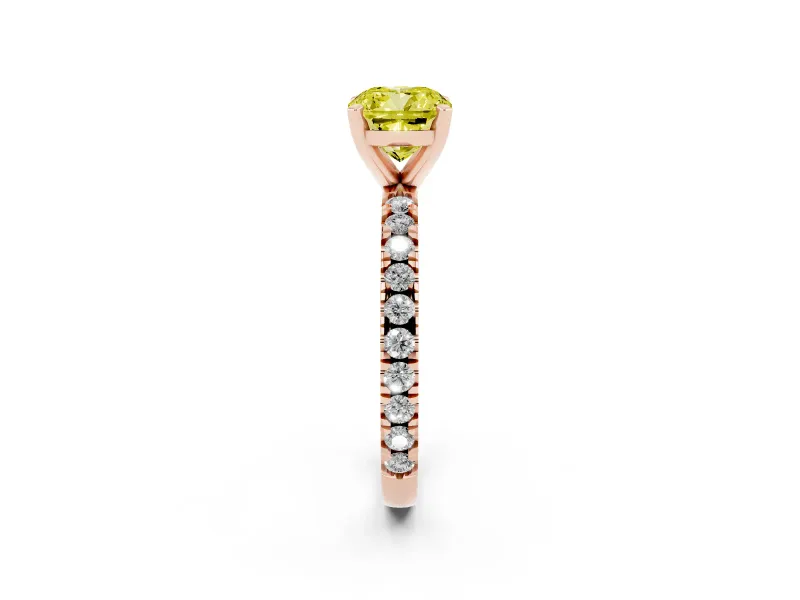 Fancy Yellow Cushion Cut Diamond Pavé Band Solitaire Set in Rose gold with Prong Setting