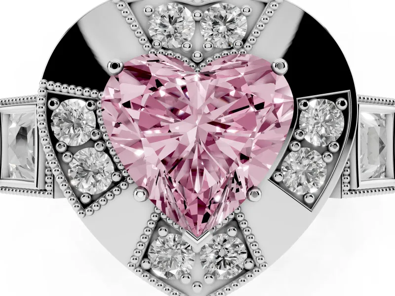 Fancy Pink Heart Cut Diamond Milgrain Halo Ring Set in Silver with Split Shank