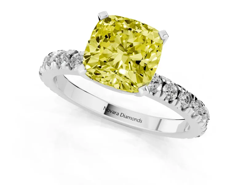 Fancy Yellow Cushion Cut Diamond Pavé Band Solitaire Set in Platinum with Prong Setting