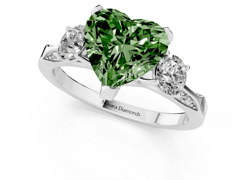 Heart-Shaped Hidden Halo Three Stone Engagement Ring Setting for a Fancy Green Lab-Grown Diamond | Platinum