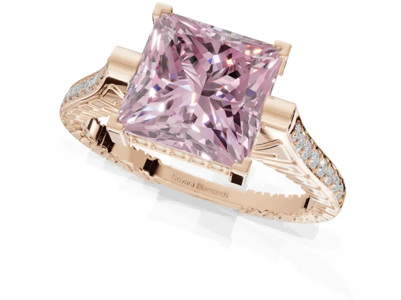 Princess Cut Vintage Cathedral Engagement Ring Setting for a Fancy Pink Lab-Grown Diamond | Carved Band | Rose Gold