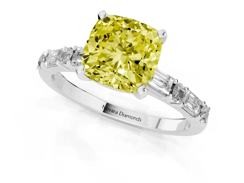 Fancy Yellow Cushion Cut Diamond Solitaire Set in Silver with Side Baguettes and Channel Set Band