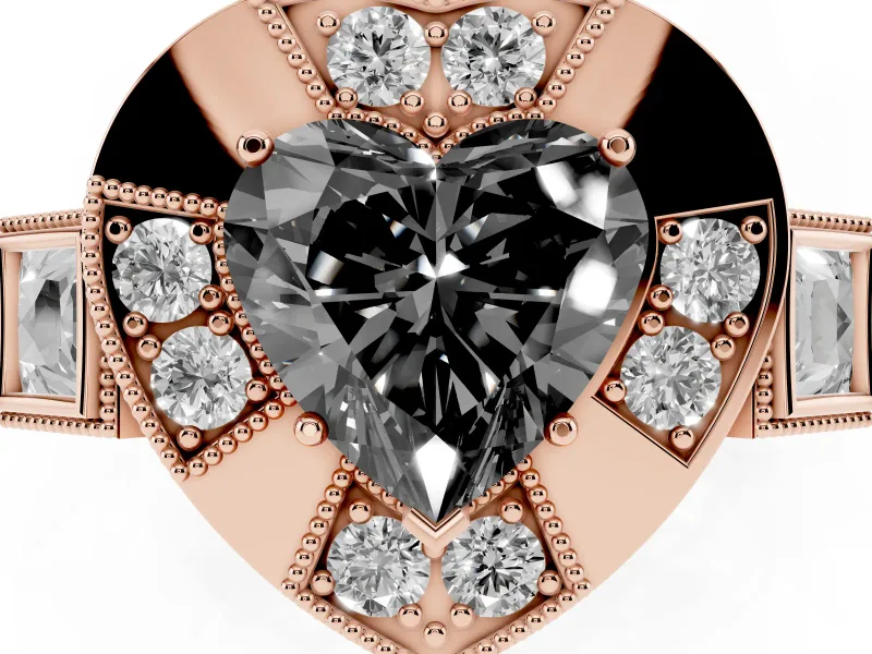 Heart-Shaped Milgrain Sectioned Halo Engagement Ring Setting for a Black Center | Rose Gold