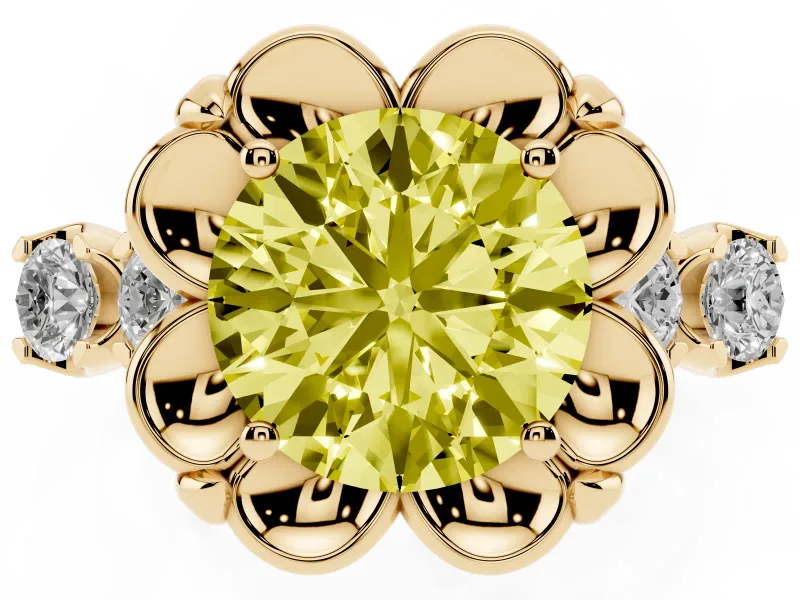 Round Floral Engagement Ring Setting for a Fancy Yellow Lab-Grown Diamond | Petal Frame and Side Stones | Yellow Gold