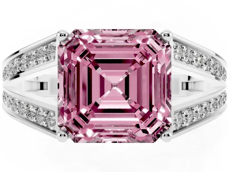 Fancy Pink Asscher Cut Diamond Split Shank Ring Set in Silver with Pavé Band and Prong Setting