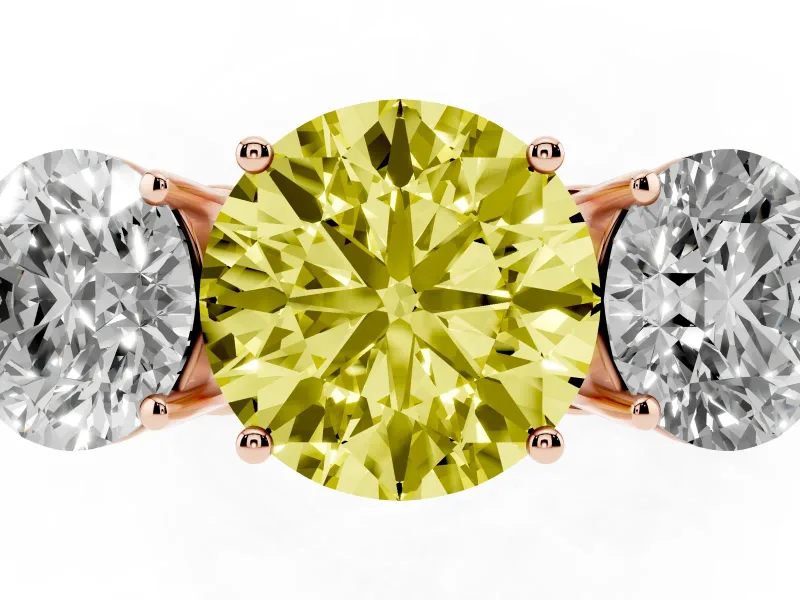Round Engagement Ring Setting for a Fancy Yellow Lab-Grown Diamond | Three Stone | Rose Gold