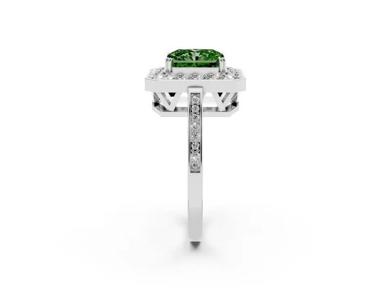 Fancy Green Radiant Cut Diamond Halo Ring Set in Silver with Accent-Lined Split Shank and Prong Setting