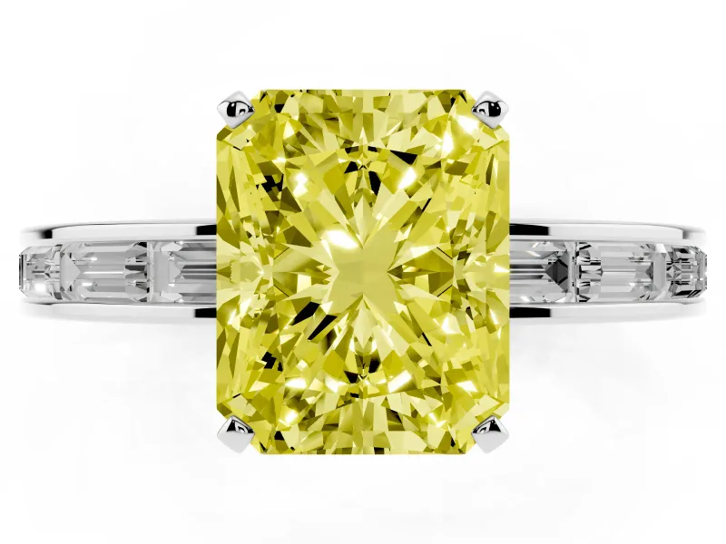 Fancy Yellow Radiant Cut Diamond Solitaire Ring Set in White gold with Channel-Set Baguette Band and Prong Setting