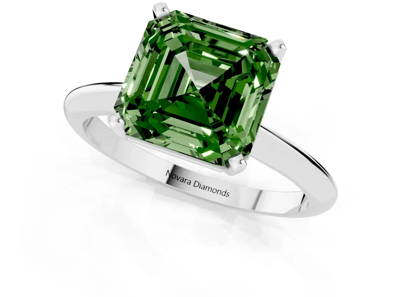 Fancy Green Asscher Cut Diamond Solitaire Ring Set in Silver with Prong Setting on a Plain Round Band