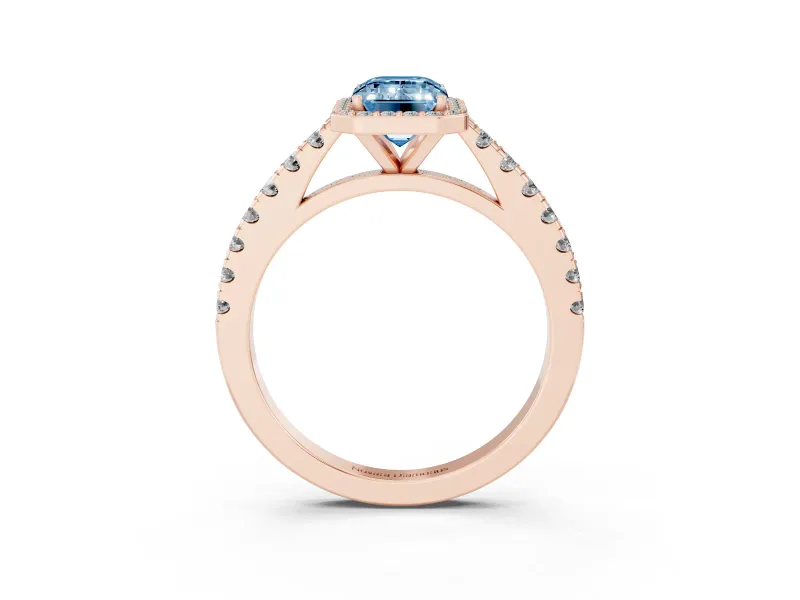 Emerald Cut Halo Pavé Engagement Ring Setting for a Fancy Blue Lab-Grown Diamond | Rose Gold