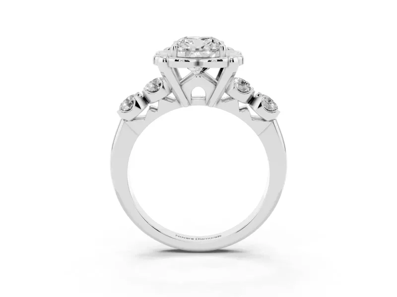 Cushion Cut Floral Engagement Ring Setting | Petal Frame and Side Stones | White Gold