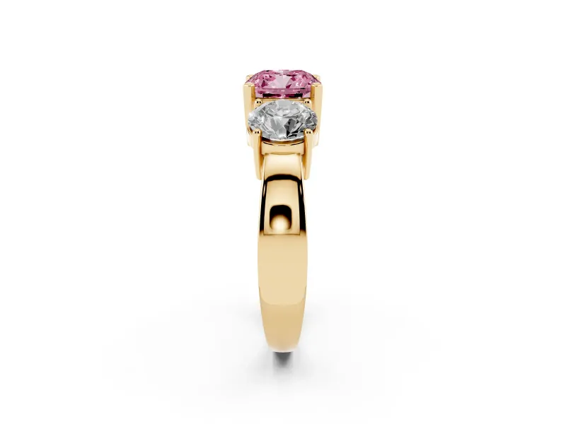 Cushion Cut Three Stone Engagement Ring Setting for a Fancy Pink Lab-Grown Diamond | Wide Plain Band | Yellow Gold