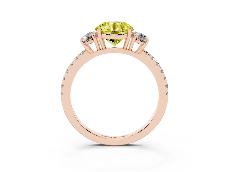 Fancy Yellow Round Cut Diamond Three-Stone Ring Set in Rose gold with Pavé Band and Graduated Sides
