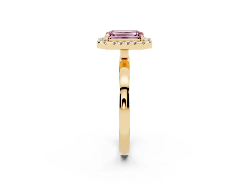 Emerald Cut Thin Halo Engagement Ring Setting for a Fancy Pink Lab-Grown Diamond | Plain Polished Band | Yellow Gold