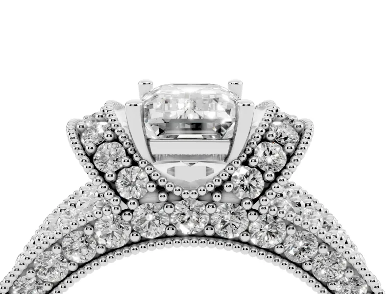 Emerald Cut Vintage Milgrain Pave Engagement Ring Setting | Crescent Side Rows | Platinum