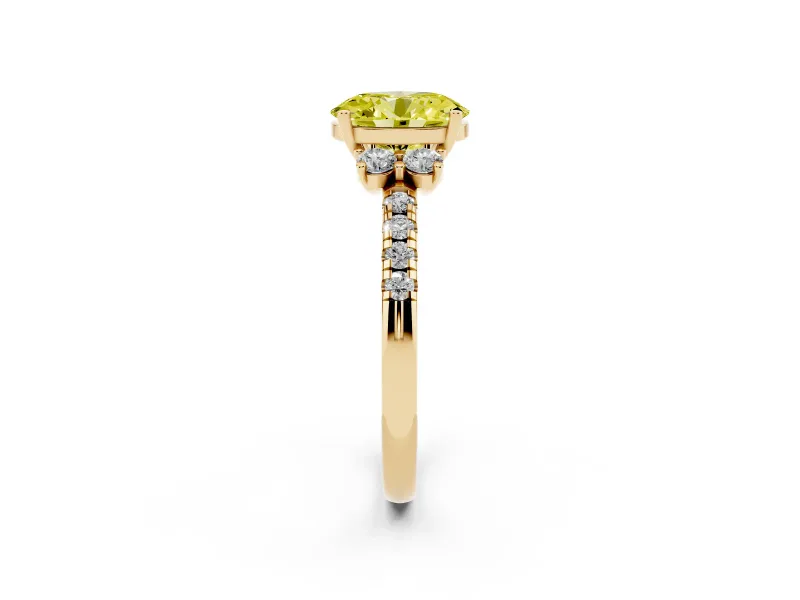 Oval Side Stone Pave Engagement Ring Setting for a Fancy Yellow Lab-Grown Diamond | Paired Round Accents | Yellow Gold