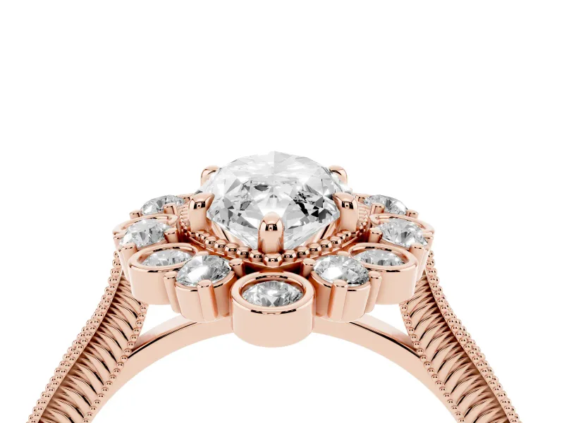 Marquise Cut Diamond Halo Milgrain Pavé Ring Set in Rose gold with Prong Setting