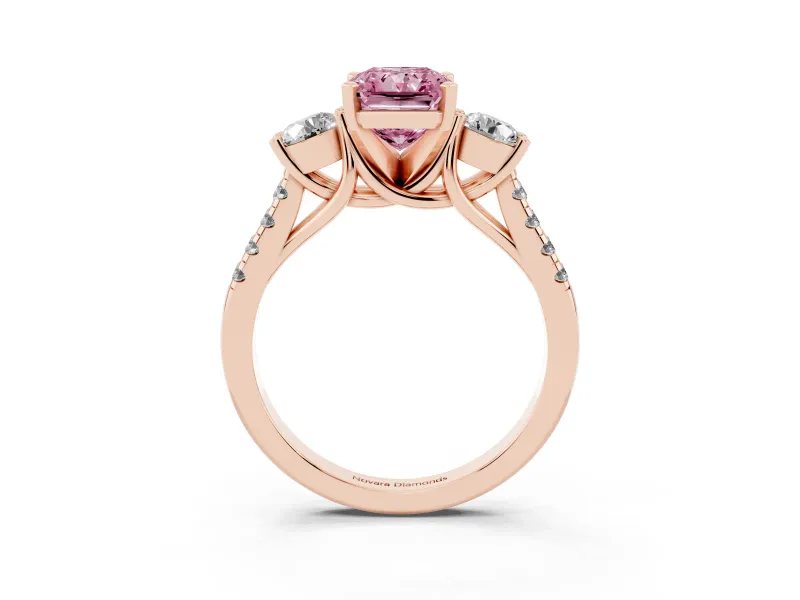Fancy Pink Three-Stone Radiant Cut Diamond Pavé Band Ring Set in Rose gold with Prong-Set Trio
