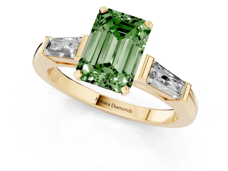 Emerald Cut Three Stone Engagement Ring Setting for a Fancy Green Lab-Grown Diamond | Tapered Baguettes | Yellow Gold