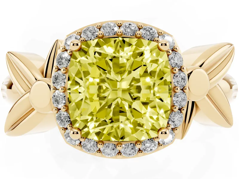 Cushion Cut Floral Halo Engagement Ring Setting for a Fancy Yellow Lab-Grown Diamond | Yellow Gold