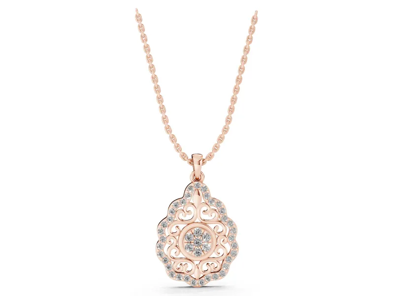 Round Lab-Grown Diamond Vintage Filigree Cluster Pendant Necklace | Pavé Teardrop Frame | Rose Gold