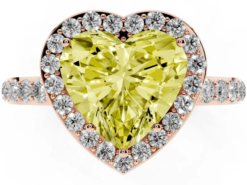 Fancy Yellow Heart Cut Diamond Halo Ring Set in Rose gold with Pavé-Setting Band and Open Prong Center
