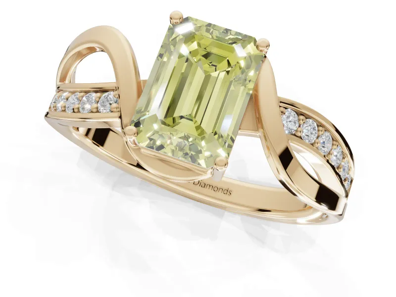 Emerald Cut Bypass Solitaire Engagement Ring Setting for a Fancy Yellow Lab-Grown Diamond | Pavé Strands | Yellow Gold