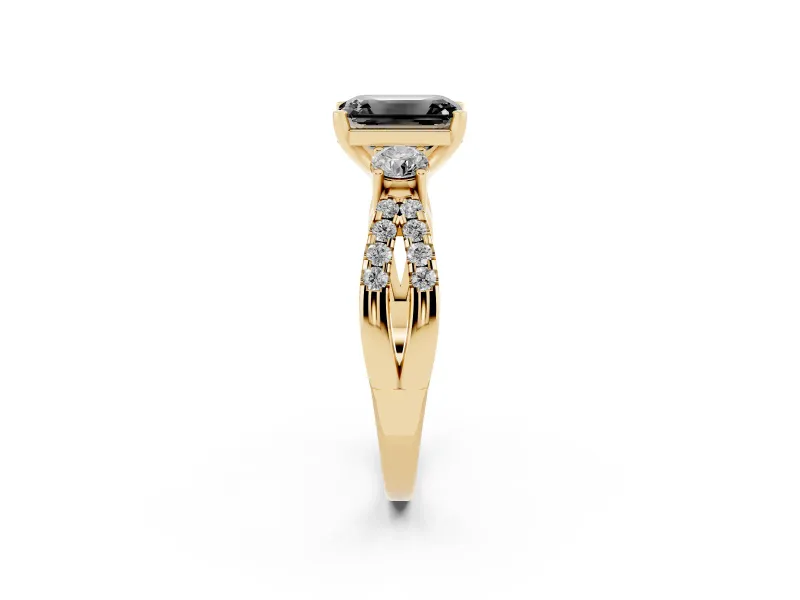 Emerald Cut Three Stone Engagement Ring Setting for a Black Center | Pavé Split Shank | Yellow Gold