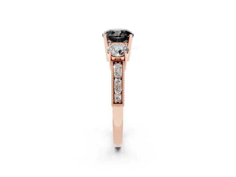 Fancy Black Cushion Cut Diamond Three-Stone Ring Set in Rose gold with Round Side Stones and Pavé Band