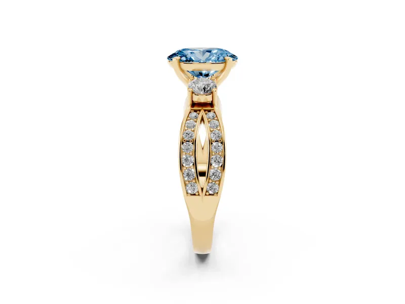 Fancy Blue Three-Stone Oval Cut Diamond Twist Band Ring Set in Yellow gold with Pavé Accents and Prong Setting