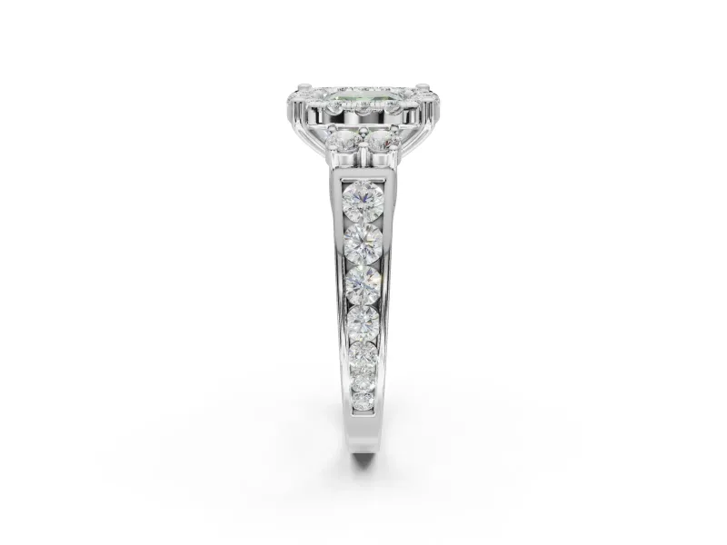 Cushion Cut Halo Engagement Ring Setting for a Fancy Green Lab-Grown Diamond | Graduated Channel Band | Platinum